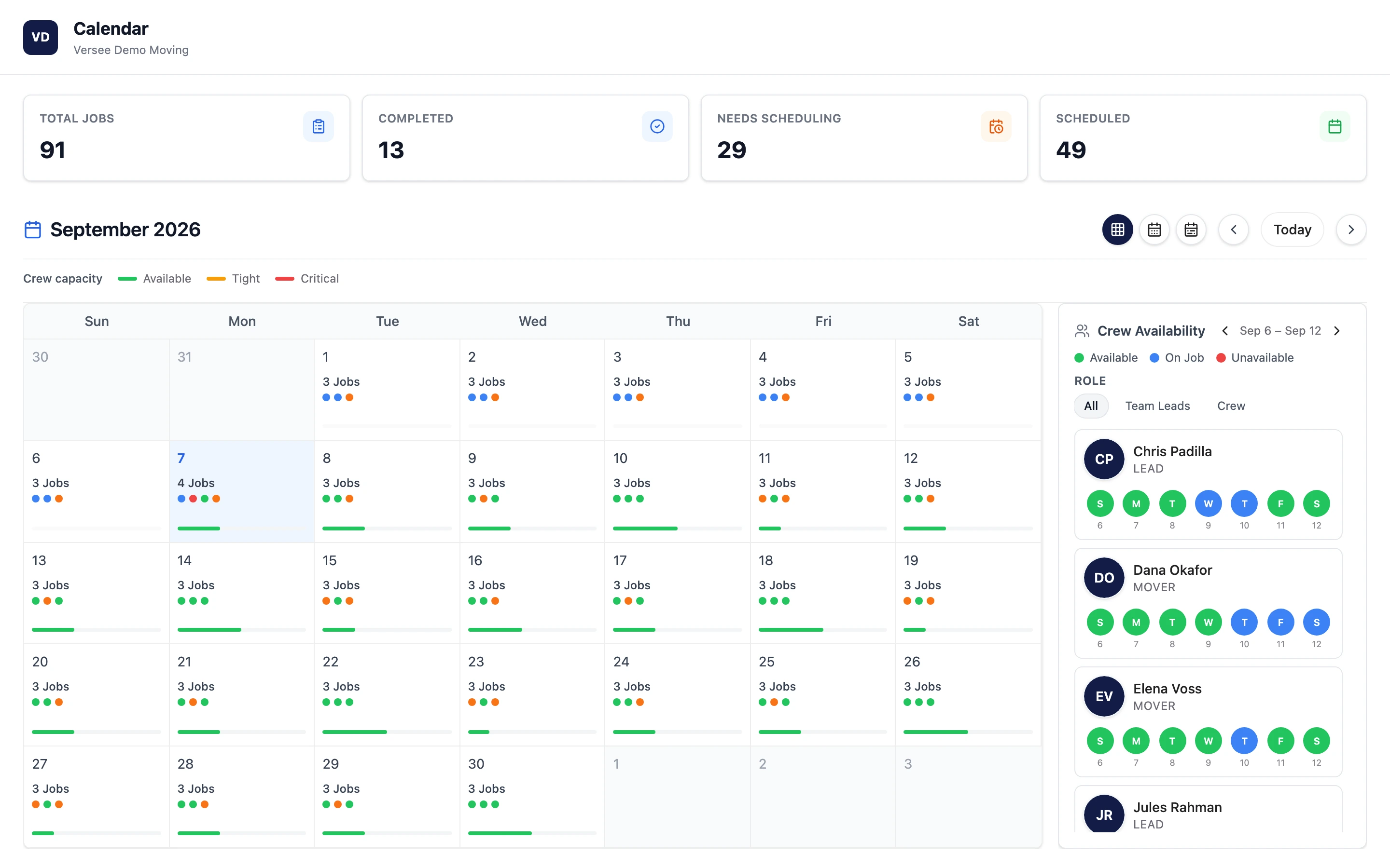 The Versee dispatch calendar in week view with three teams assigned and a multi-day job blocked out.