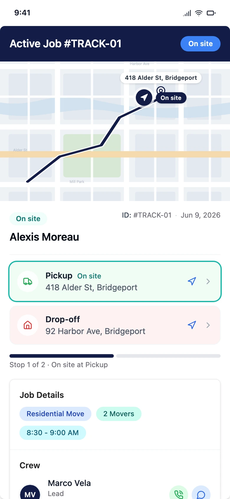 The customer's tracking page, showing the team approaching on a map with an arrival time.