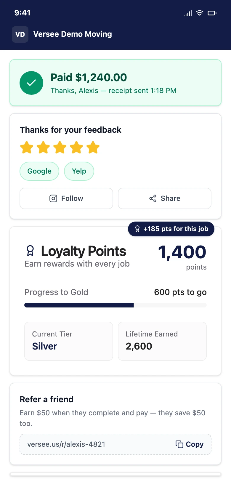 The customer's screen after paying: a posted review, follow and share buttons, a points balance with progress to a credit, a referral link, and their entries in this month's giveaway.