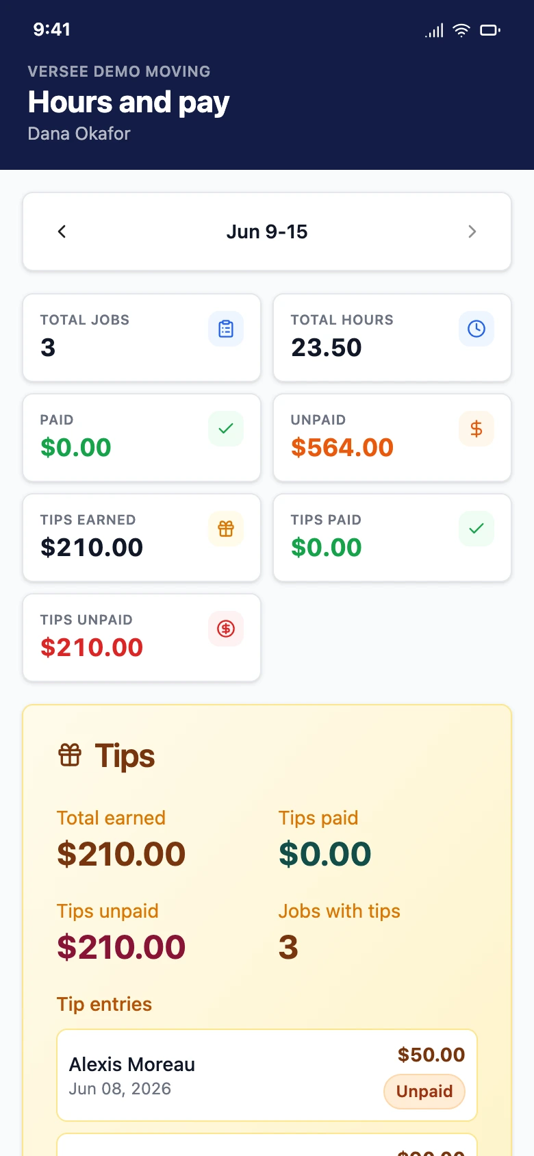 A team member's hours and pay screen on a phone, with drive time and the tip split for the week.
