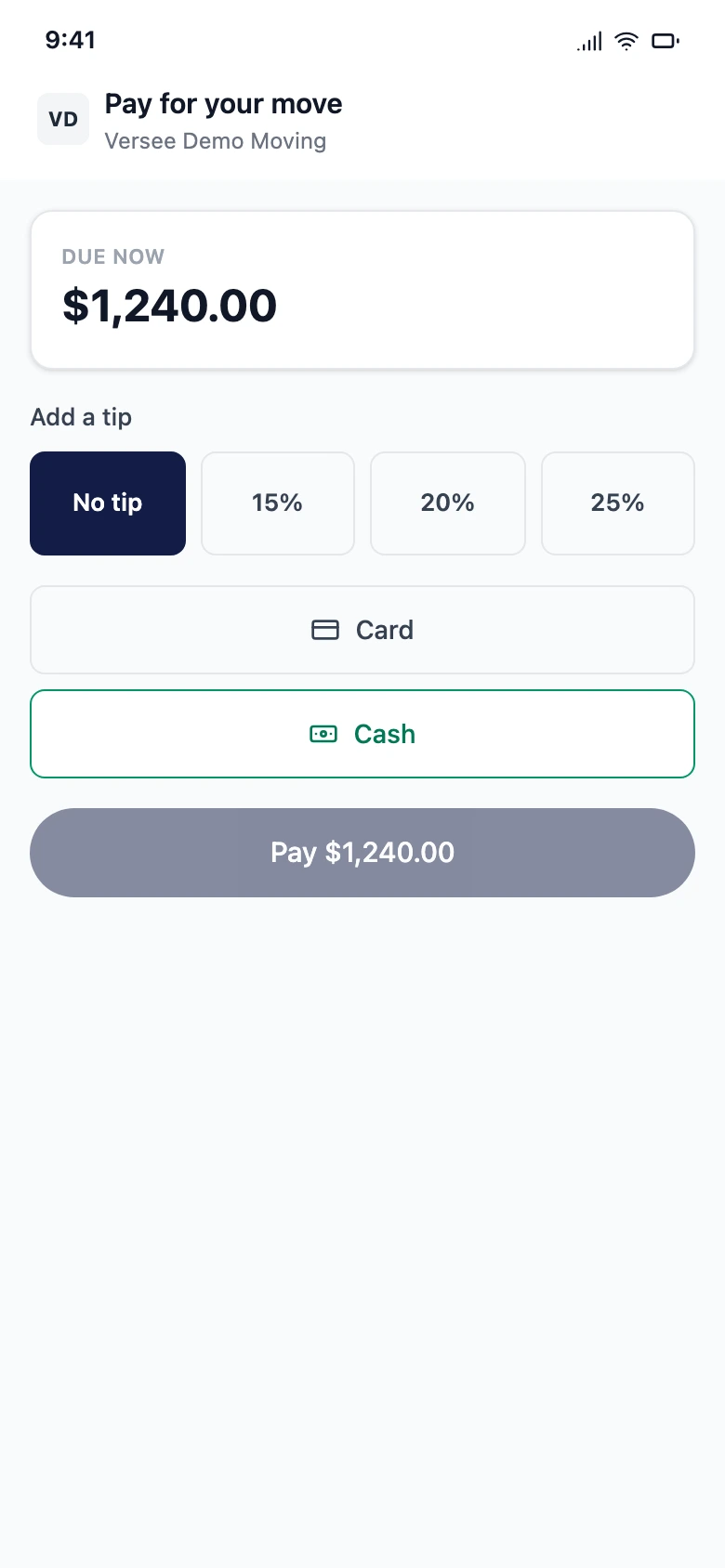 The customer's phone at the door: the job summary, the amount due, and the Pay button, on the same page they tracked the team on.