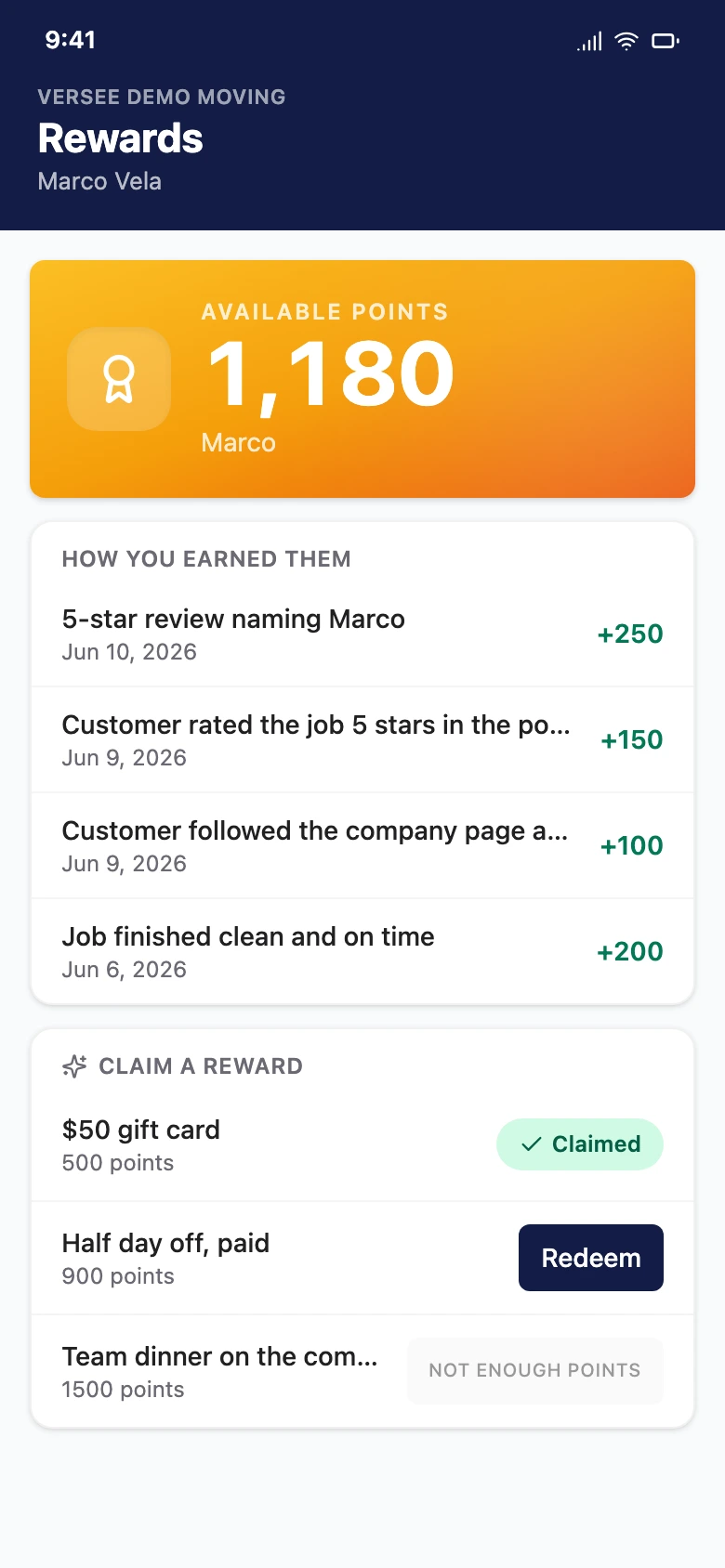 A team member's rewards screen: points earned, what earned them, and the rewards available to claim.